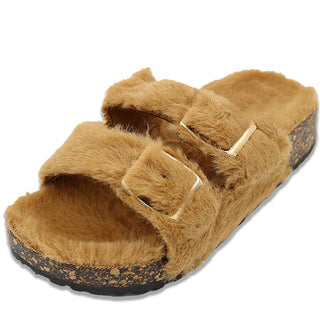 Buy tan LAVRA Girls Double Strap Sandals Kids Fuzzy Fur Slides Flatform Shoes