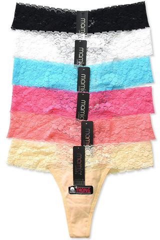 Buy rainbow-lace-trim 6 Pack of Women&#39;s Lace Detail Stretch Cotton Thong Panties