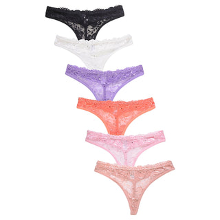 Buy lilac 6 Pack of Women&#39;s Lace Detail Stretch Cotton Thong Panties