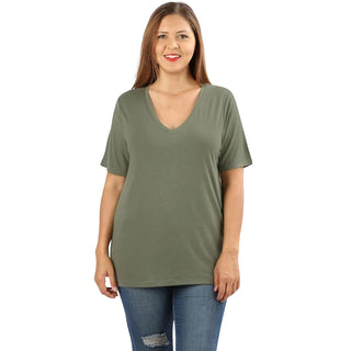 Buy light-olive Lavra Women&#39;s Plus Size Soft Casual V-Neck Short Sleeve Tee