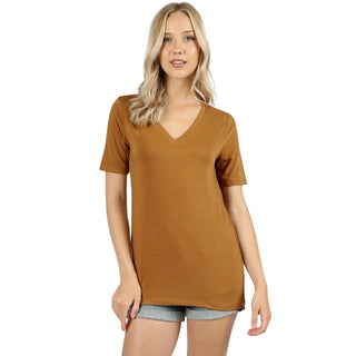 Buy coffee Lavra Women&#39;s Plus Size Soft Casual V-Neck Short Sleeve Tee