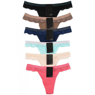 Buy sofra-dots-trim 6 Pack of Women&#39;s Lace Detail Stretch Cotton Thong Panties