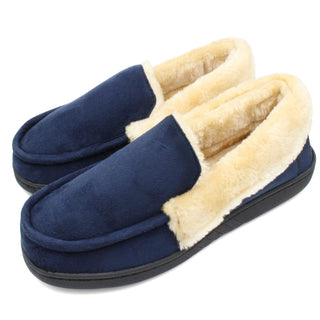 Buy husk-navy SLM Mens Moccasin Slippers Faux Fur Lined House Shoes Comfy Bedroom Clogs