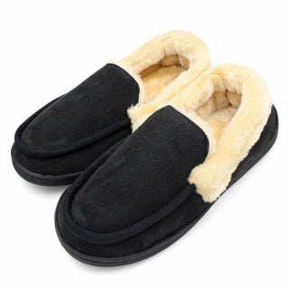Buy husk-black SLM Mens Moccasin Slippers Faux Fur Lined House Shoes Comfy Bedroom Clogs