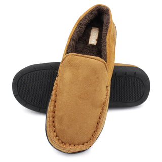 Buy simple-tan SLM Mens Moccasin Slippers Faux Fur Lined House Shoes Comfy Bedroom Clogs