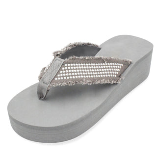 Buy stud-gray LAVRA Women&#39;s Platform Wedge Sandals Summer Beach Studded T Strap Flip Flops