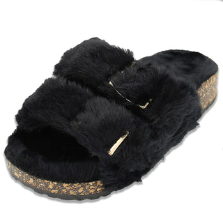 Buy black LAVRA Girls Double Strap Sandals Kids Fuzzy Fur Slides Flatform Shoes