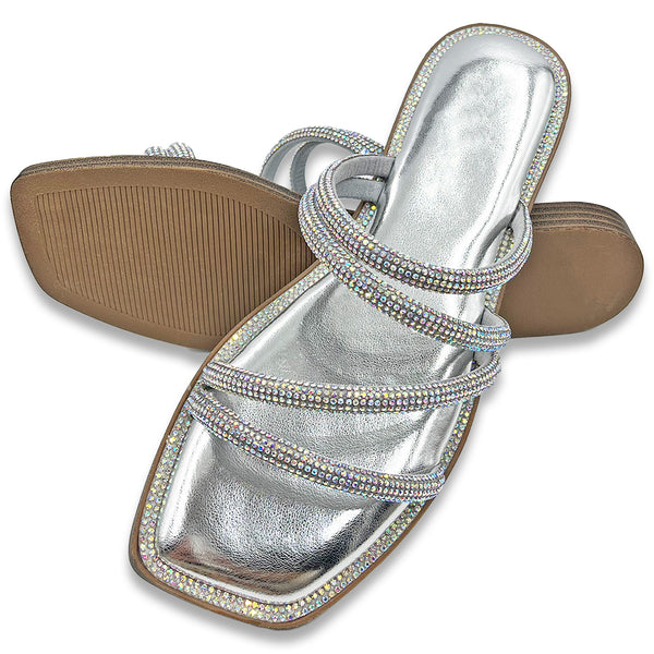 LAVRA Womens Rhinestone Slides Bling Summer Sandals Strappy Sparkle Sexy Flip Flop