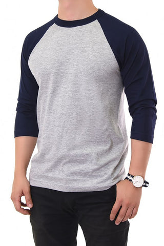 Buy gray-navy Men&#39;s 100% Cotton 3/4 Length Sleeve Raglan Baseball T-Shirt