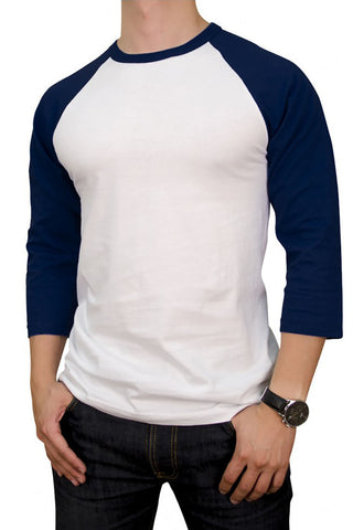 Buy white-navy Men&#39;s 100% Cotton 3/4 Length Sleeve Raglan Baseball T-Shirt