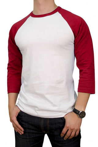 Buy white-red Men&#39;s 100% Cotton 3/4 Length Sleeve Raglan Baseball T-Shirt