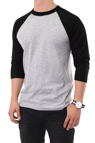 Buy gray-black Men&#39;s 100% Cotton 3/4 Length Sleeve Raglan Baseball T-Shirt