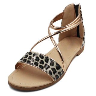 Buy leopard LAVRA Women&#39;s Flat Open Toe Cross Strap Sandals with Back Zipper