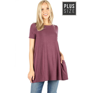 Buy eggplant Womens Plus Size Flared Short Sleeve Boat Neck Top with Pockets
