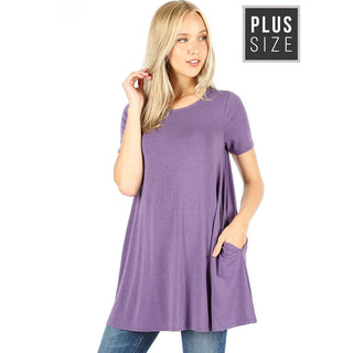 Buy lilac-grey Womens Plus Size Flared Short Sleeve Boat Neck Top with Pockets