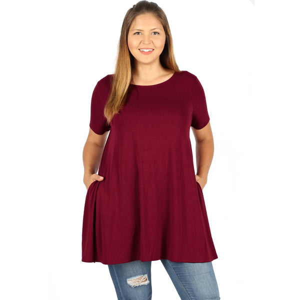 Womens Plus Size Flared Short Sleeve Boat Neck Top with Pockets