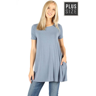 Buy cement Womens Plus Size Flared Short Sleeve Boat Neck Top with Pockets
