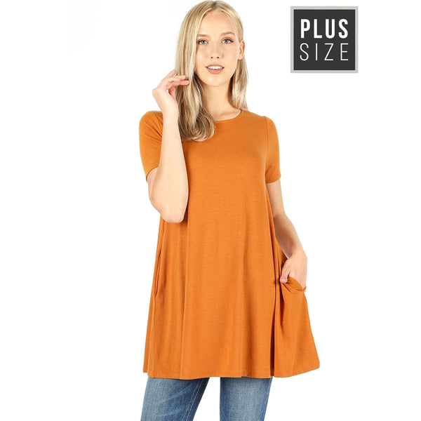 Womens Plus Size Flared Short Sleeve Boat Neck Top with Pockets