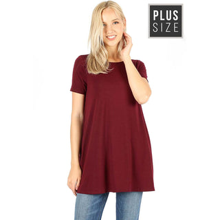 Buy dark-burgundy Womens Plus Size Flared Short Sleeve Boat Neck Top with Pockets