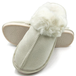 Buy white LAVRA Women&#39;s Furry Slipper Faux Fur Trim Mule Slide Slip On Indoor Outdoor Gift