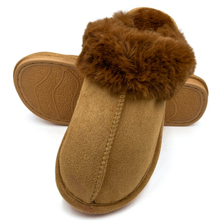 Buy tan LAVRA Women&#39;s Furry Slipper Faux Fur Trim Mule Slide Slip On Indoor Outdoor Gift