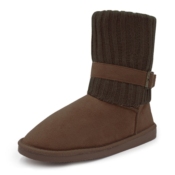 Women's Warm Winter Knit Fold Over Suede Ankle Boots with Buckle