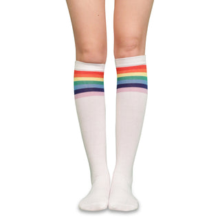 Buy white LAVRA Women&#39;s Pair of Colorful Rainbow Trimmed Knee High Black Socks Halloween
