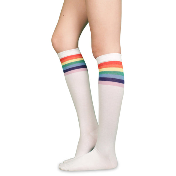 LAVRA Women's Pair of Colorful Rainbow Trimmed Knee High Black Socks Halloween