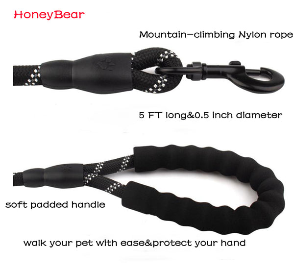 HoneyBear 5 FT reflective long dog leashes |high-quality rope&comfortable padded handles|training|safe|protect your pets