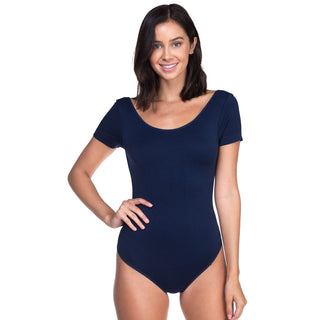 Buy navy Women&#39;s Round Neck T shirt Bodysuit Scoop Basic Leotard Low Back Cut Out