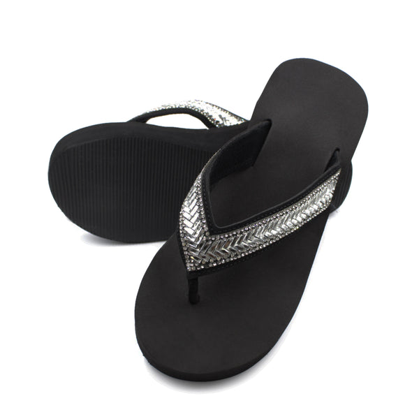Lavra Women's Beaded Rhinestone Wedge Platform Flip Flop Sandals