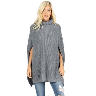 Buy heather-grey Lavra Women&#39;s Solid Knit Turtle Neck Poncho Pullover Cloak Sweater Gift