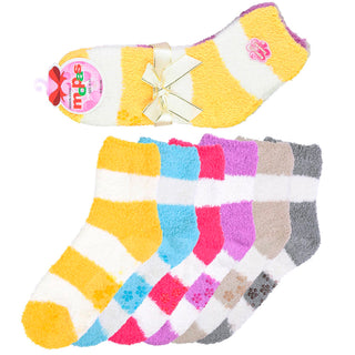 6 Pair of Women Fuzzy Plush Cozy Soft Slipper Socks Warm Stripes w/ No Skid Bottom